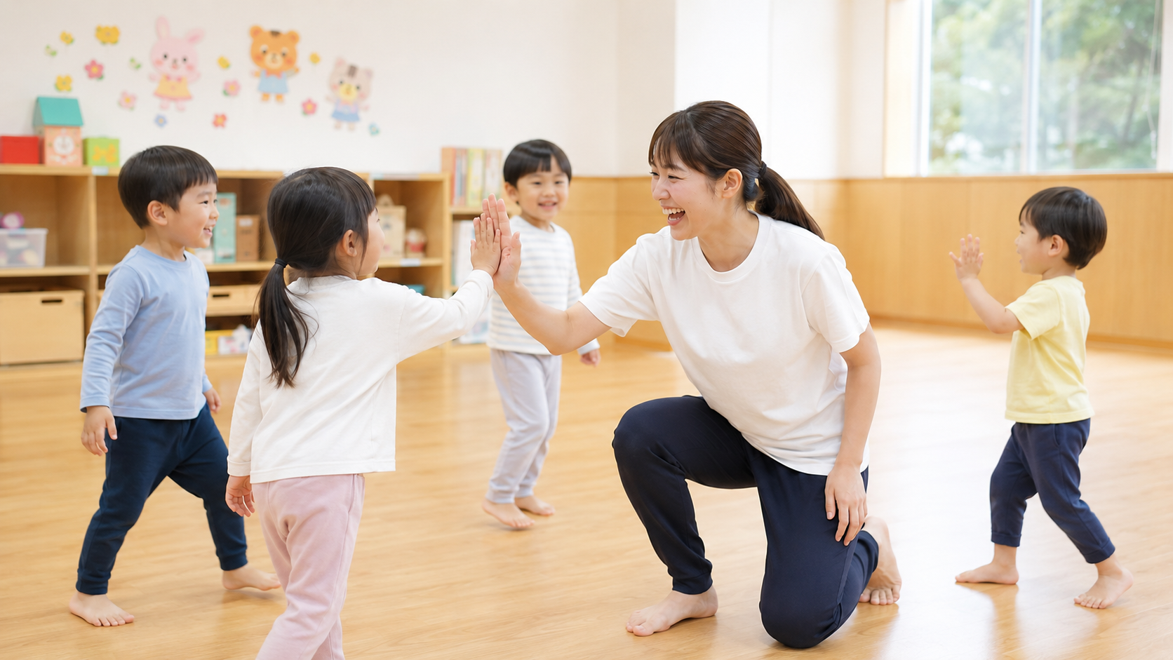 ダンスレッスンで子どもたちと講師がハイタッチする様子