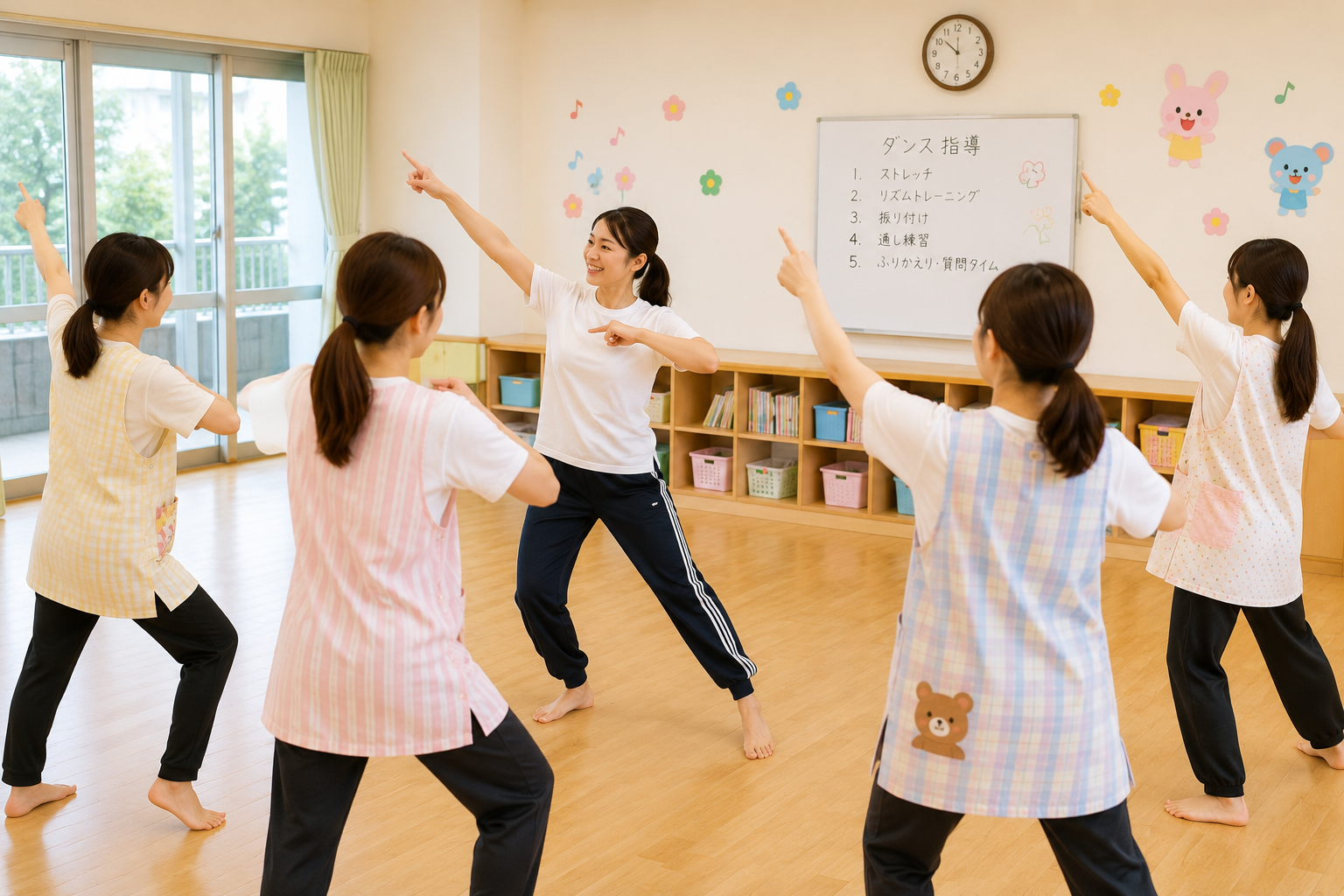 保育室で保育士たちが講師とダンスレッスンをする様子